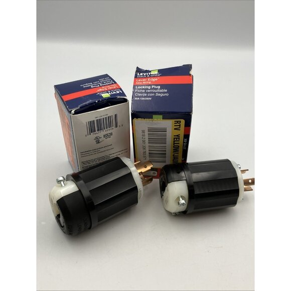 Leviton Lever Edge Locking Plug 20 Amp 250 Volt  Black & White 2321E-BX pair - Picture 1 of 4